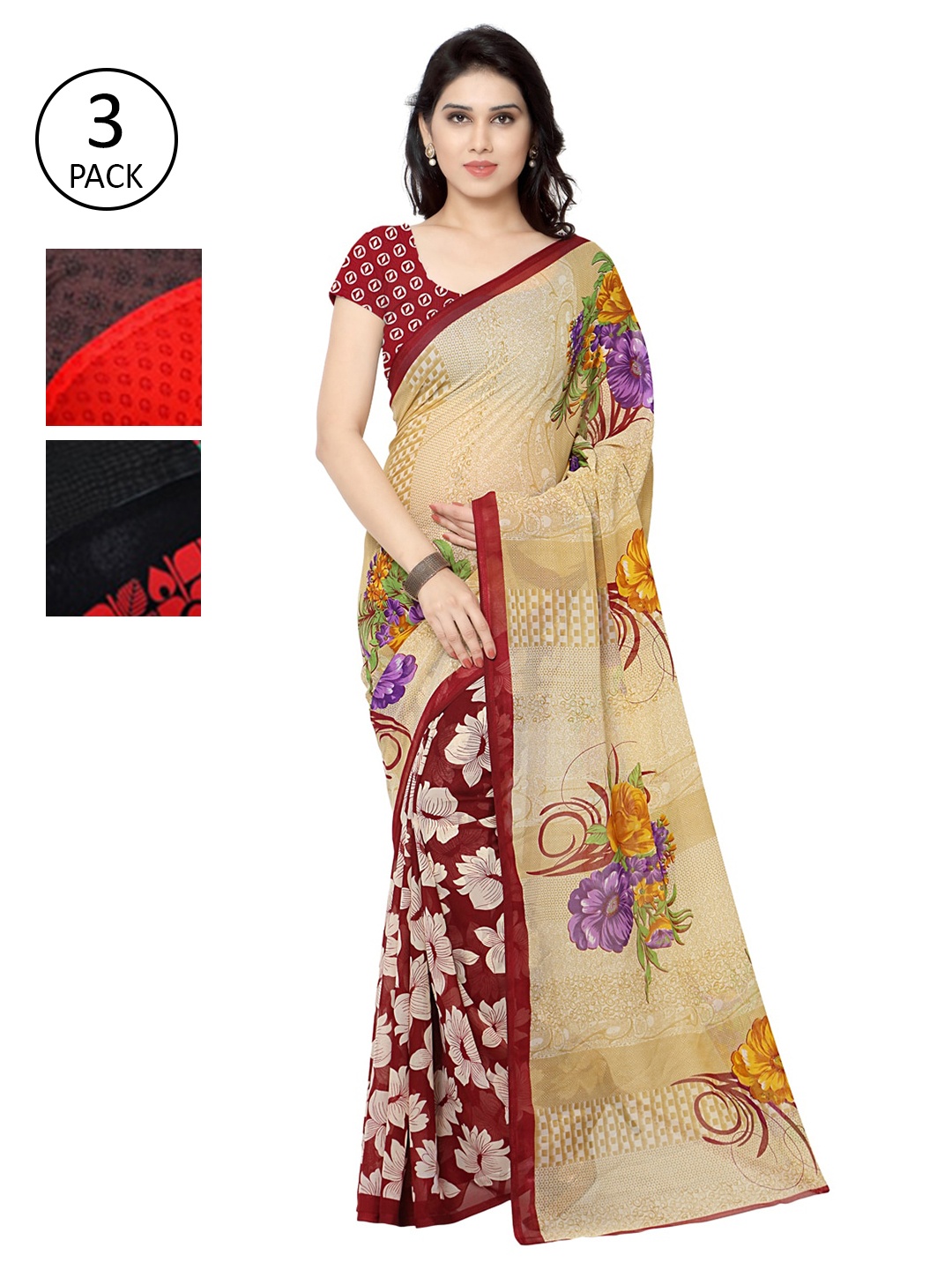 

KALINI Multicoloured Pack of 3 Floral Saree, Multi