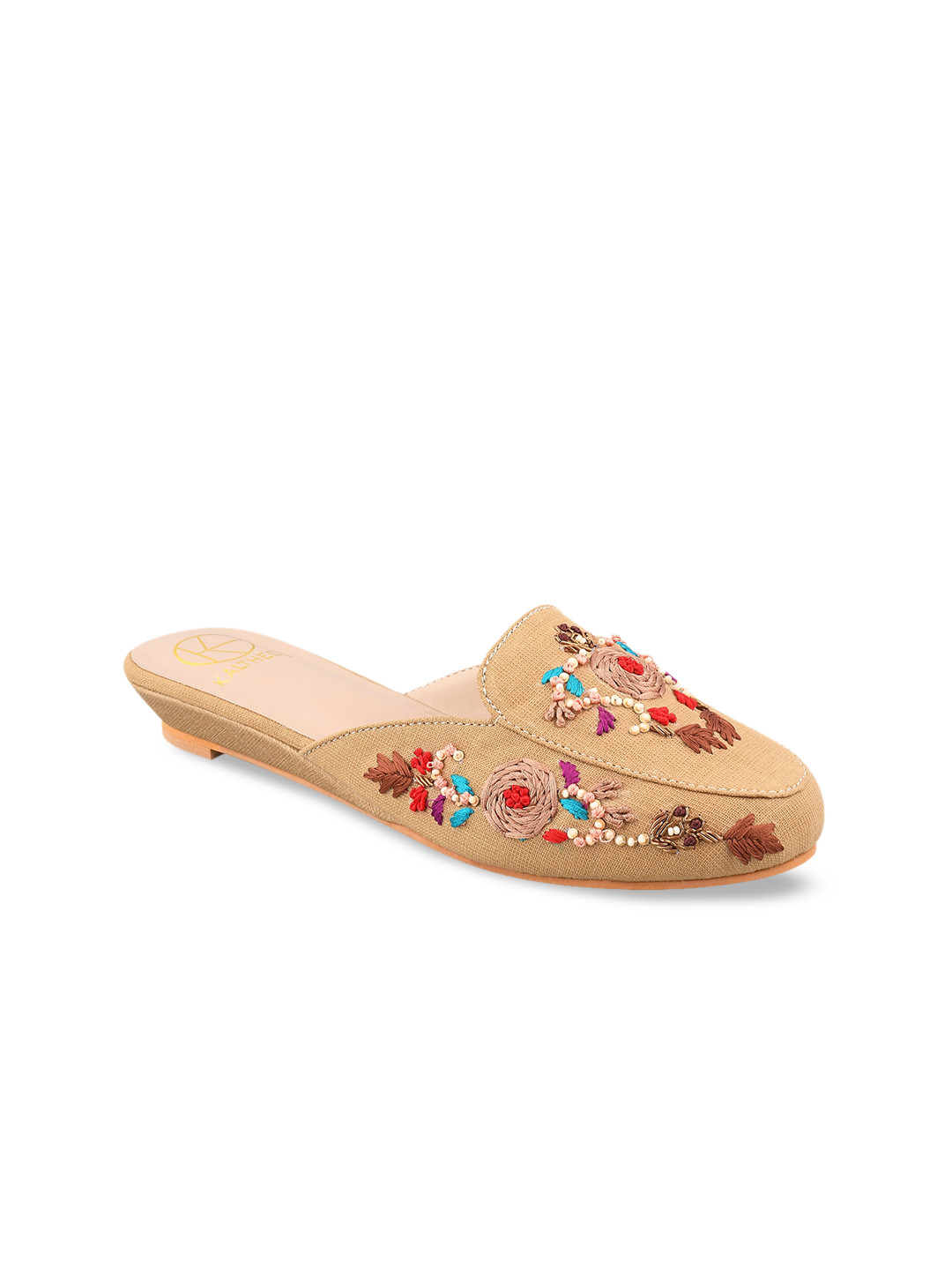 

KALTHEOS Beige Embellished Wedge Mules