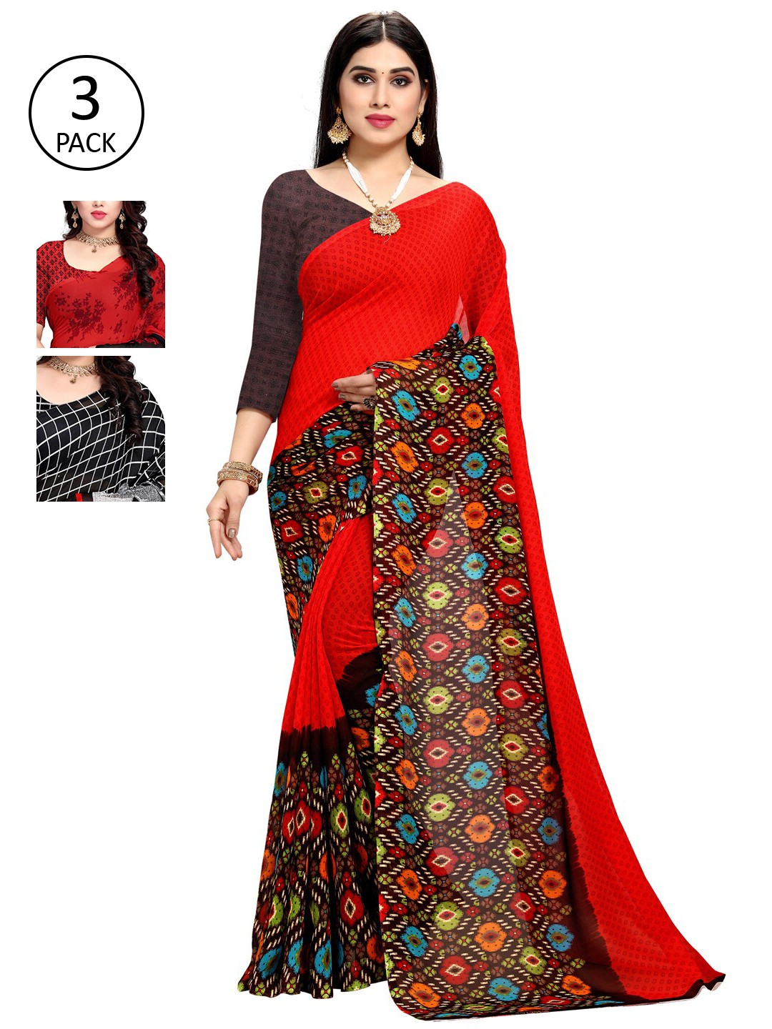

KALINI Pack Of 3 Printed Saree, Red