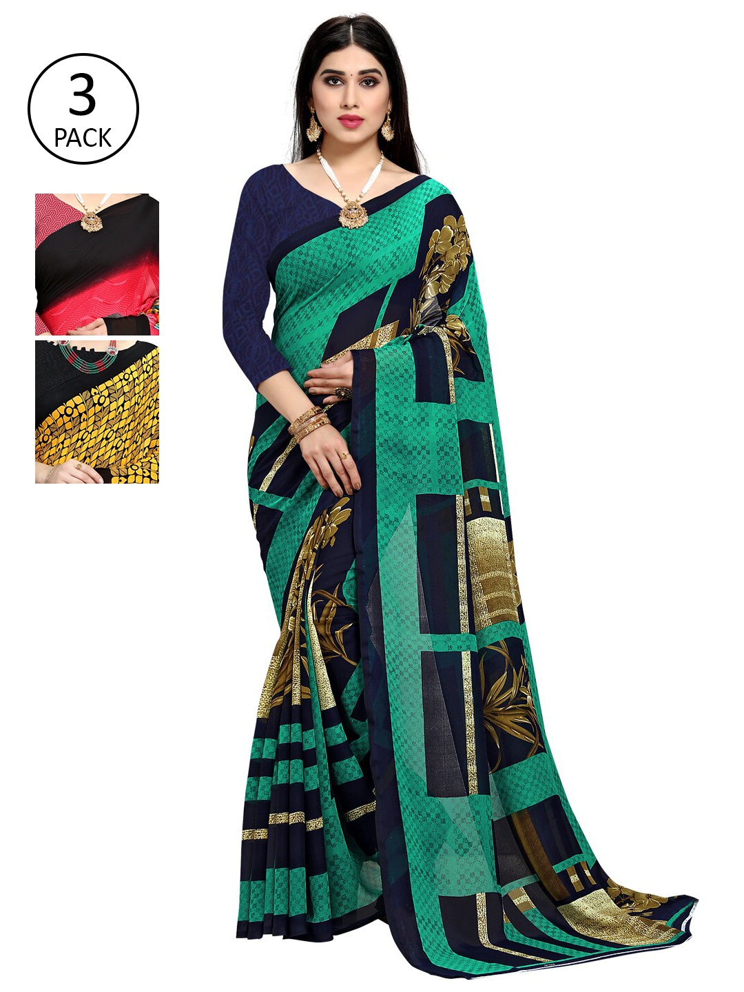 

KALINI Pack of 3 Printed Sarees, Yellow