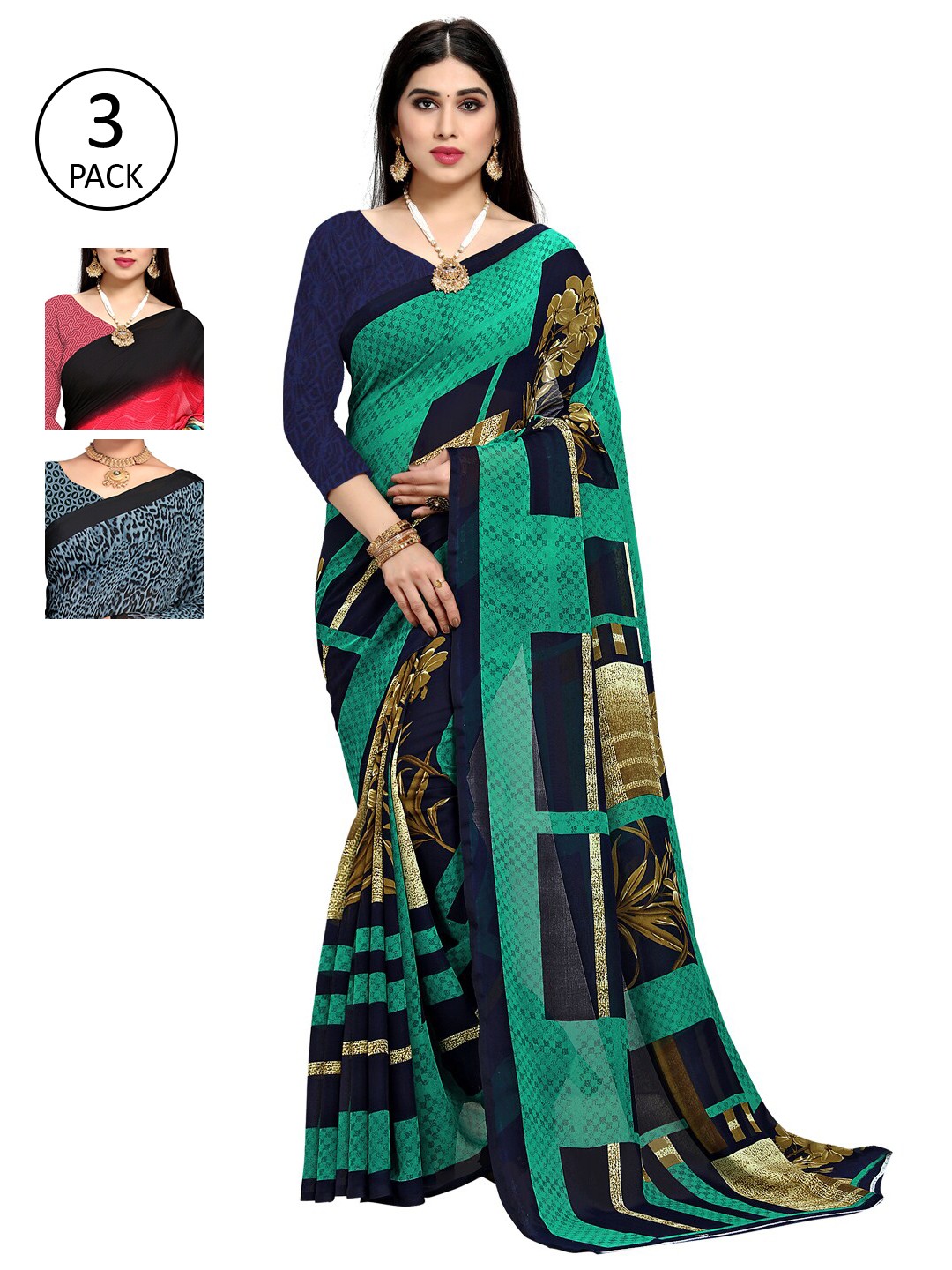

KALINI Pack Of 3 Printed Poly Georgette Sarees, Green