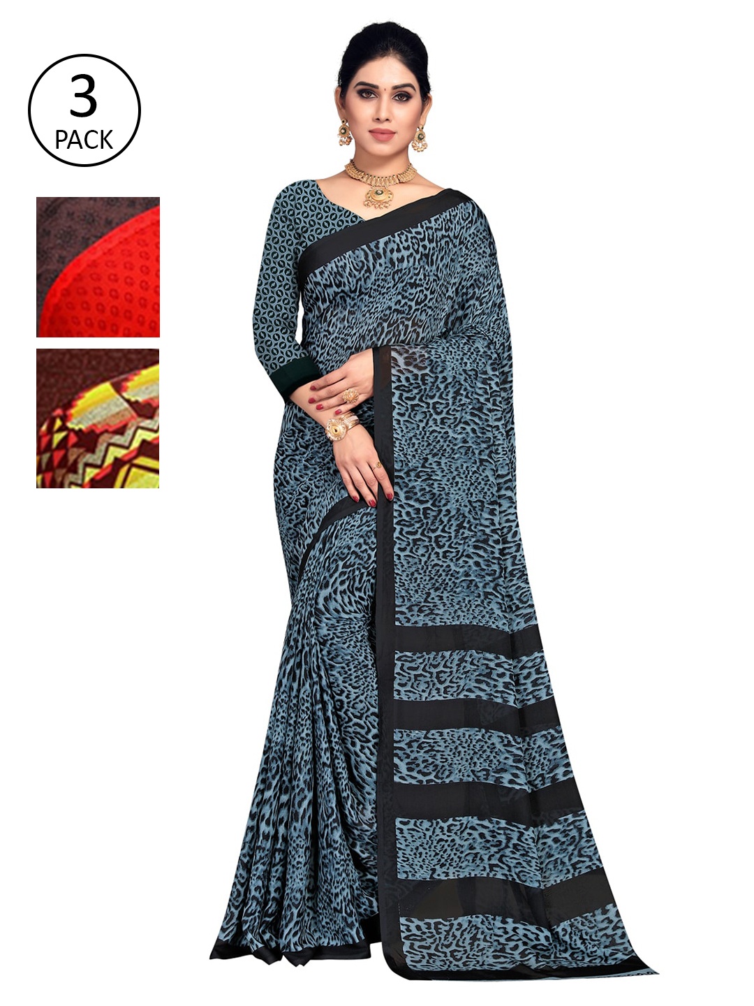 

KALINI Pack Of 3 Printed Sarees, Red