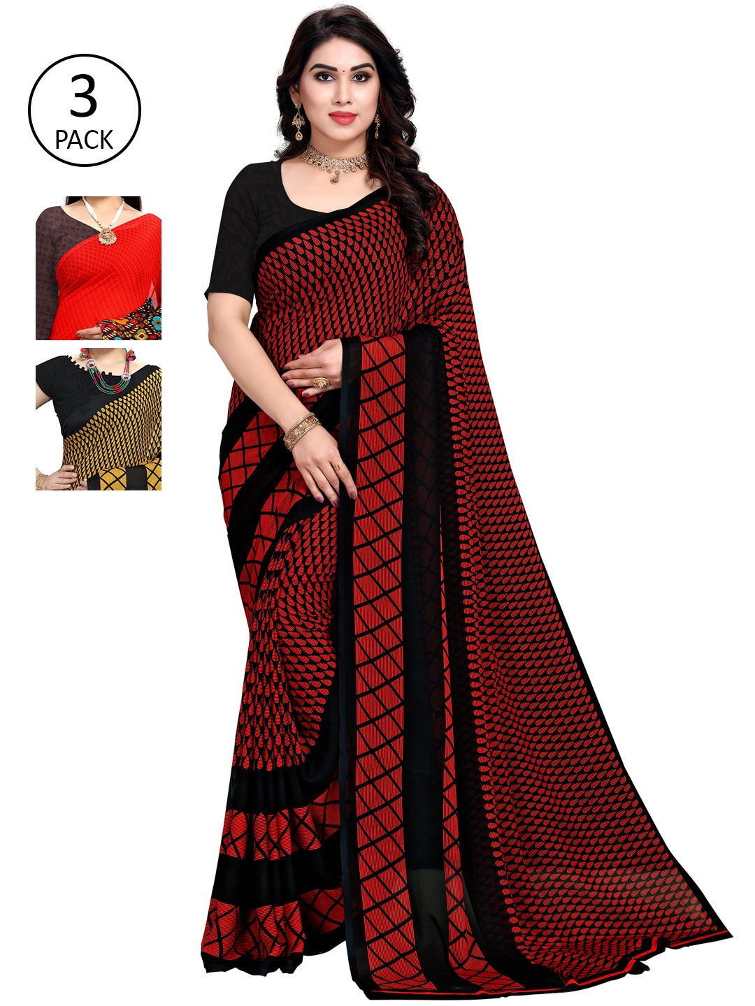 

KALINI Set-3 Red & Black Saree
