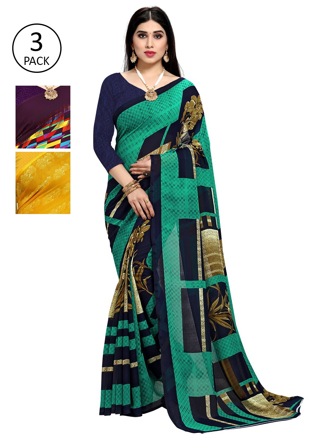 

KALINI Pack Of 3 Printed Poly Georgette Sarees, Yellow