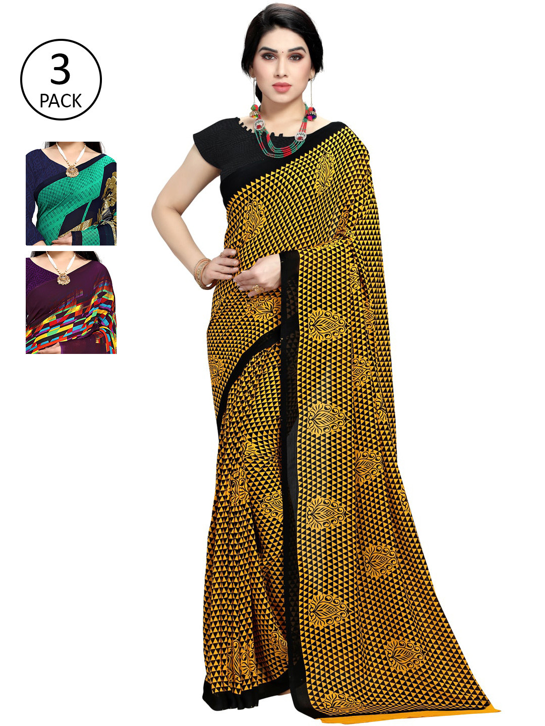 

KALINI Pack Of 3 Printed Sarees, Purple