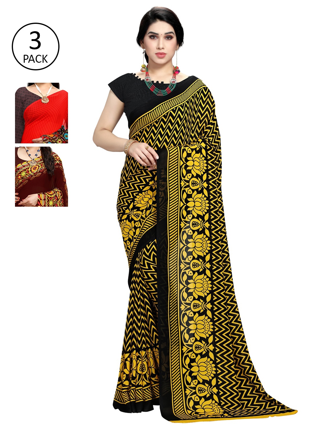 

KALINI Pack of 3 Ethnic Motifs Saree, Maroon