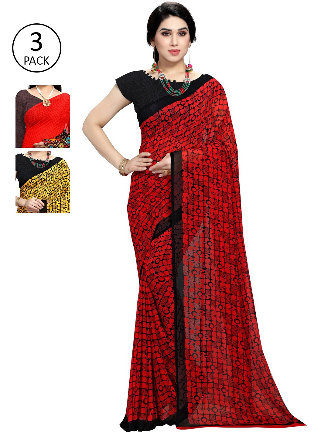 

KALINI Pack of 3 Printed Sarees, Red
