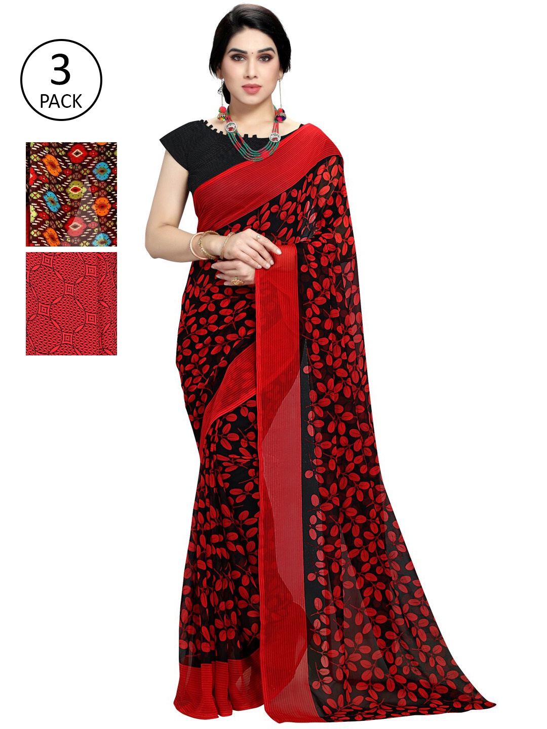 

KALINI Pack Of 3 Printed Poly Georgette Saree, Red