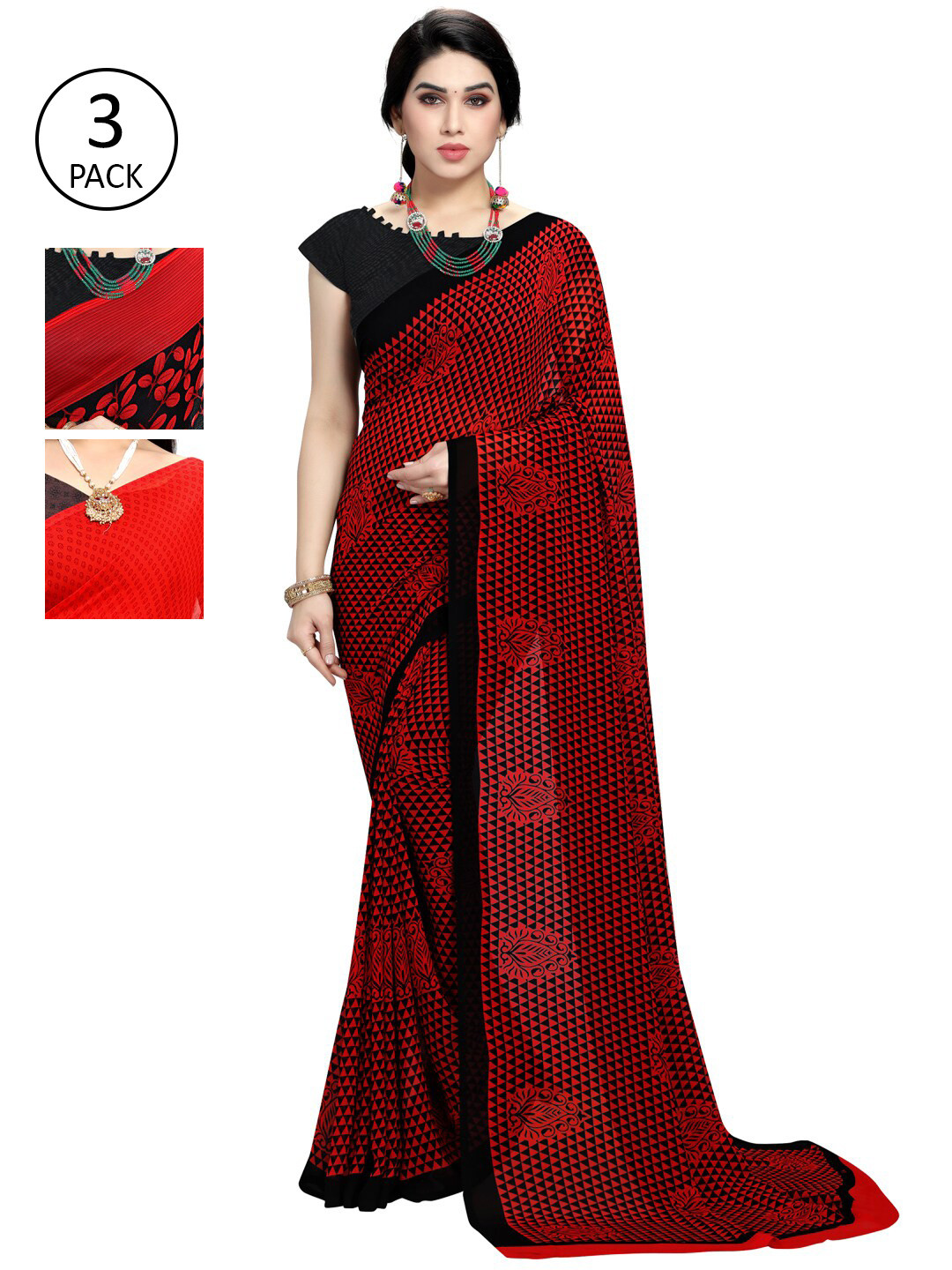 

KALINI Pack of 3 Printed Sarees, Red