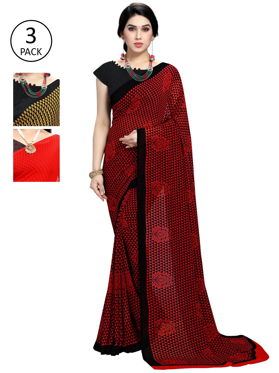 

KALINI Pack of 3 Printed Sarees, Red