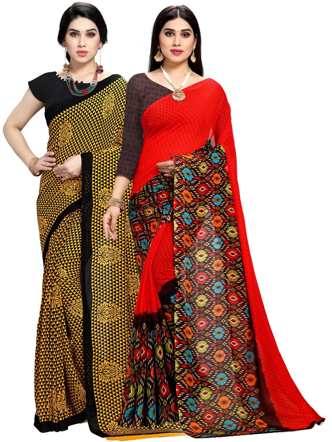 KALINI Pack Of 2 Red & Yellow Printed Poly Georgette Sarees