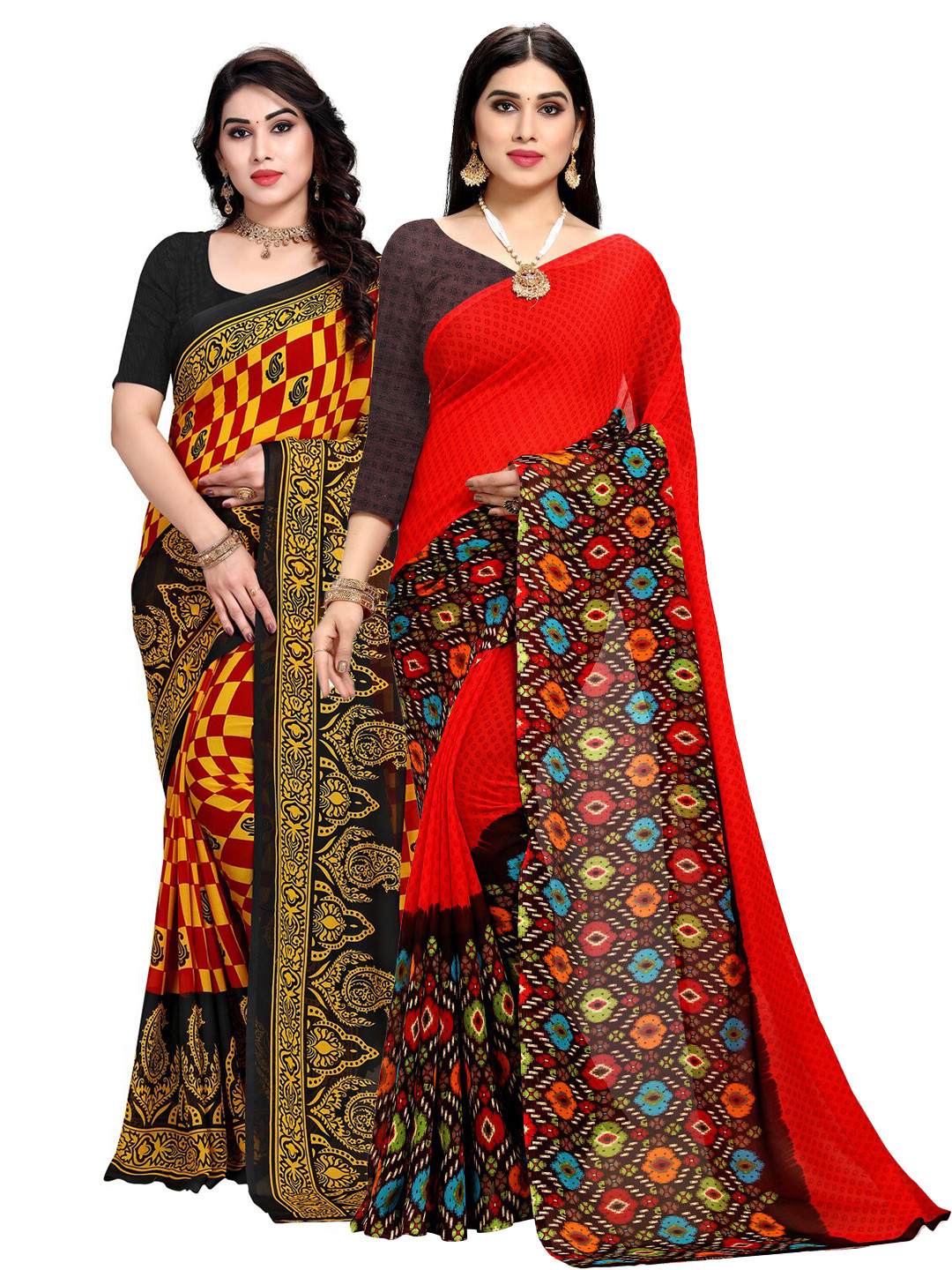 

KALINI Pack Of 2 Printed Poly Georgette Sarees, Yellow