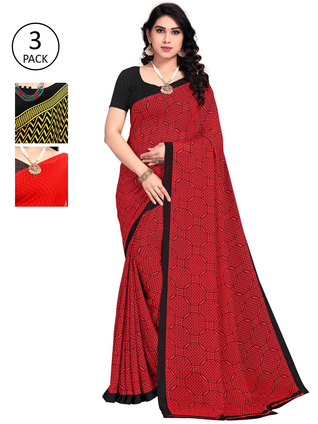 

KALINI Pack Of 3 Yellow & Red Saree