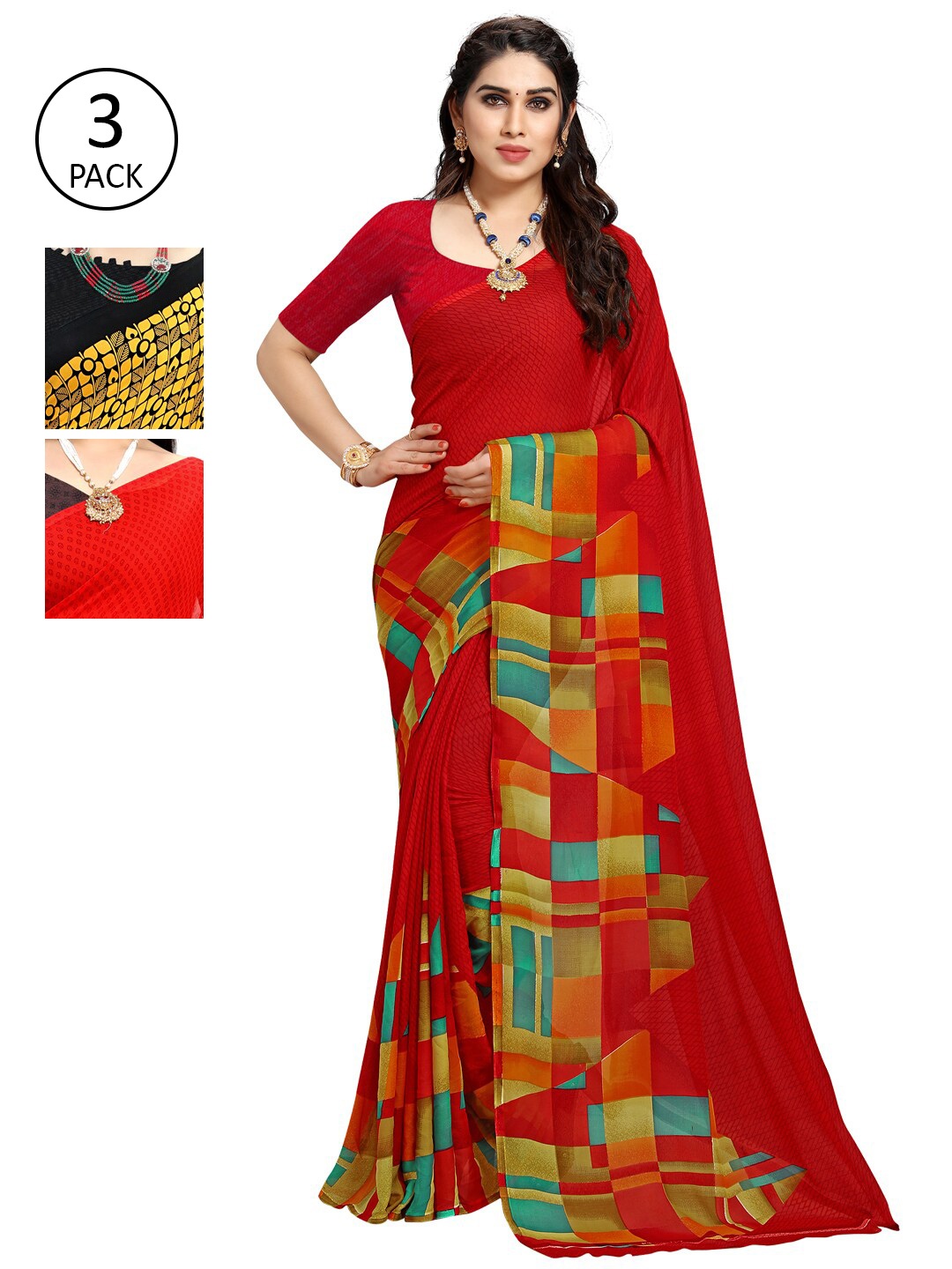 

KALINI Pack Of 3 Printed Sarees, Red