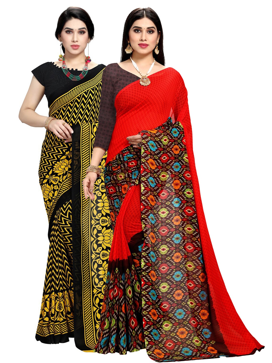 

KALINI Pack Of 2 Yellow & Red Floral Poly Georgette Sarees