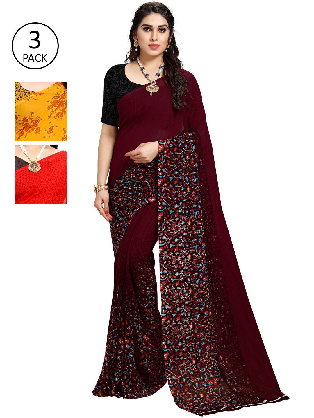 

KALINI Pack Of 3 Printed Poly Georgette Saree, Burgundy