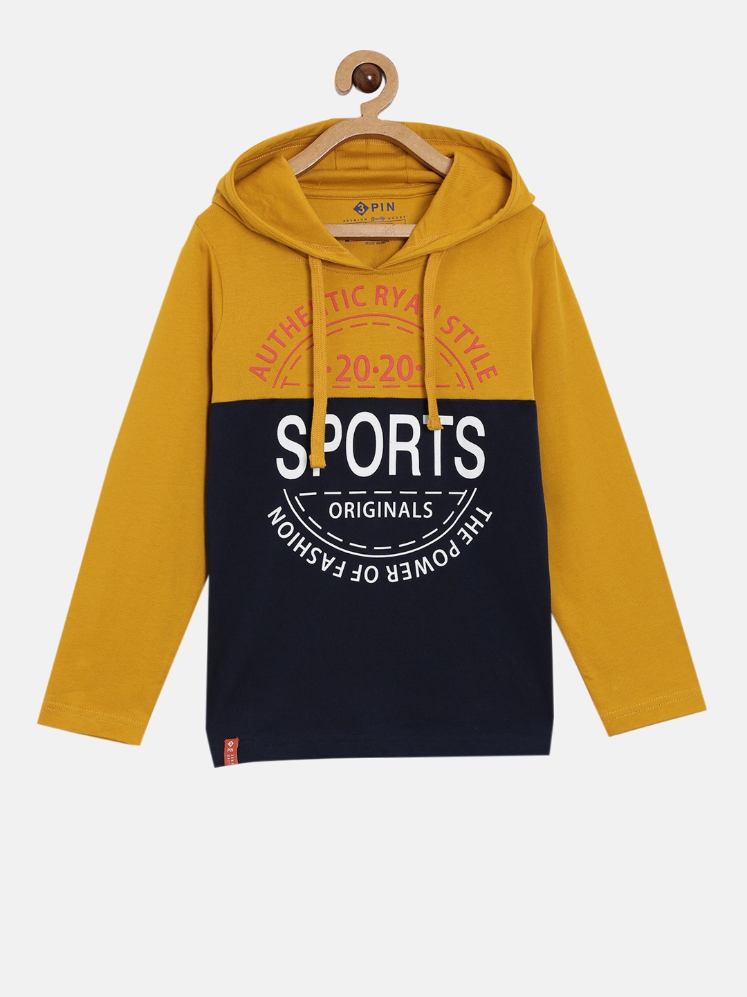 

3PIN Boys Mustard Yellow Colourblocked Hooded Cotton Pure Cotton T-shirt