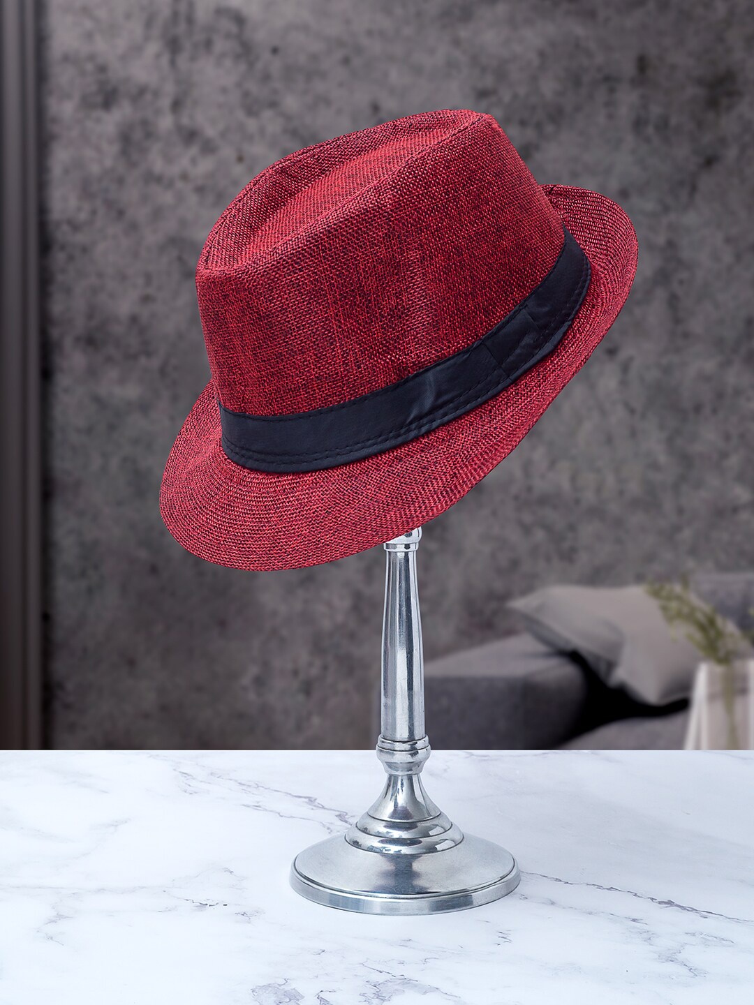 

Golden Peacock Men Red & Black Woven-Design Tear Drop Shaped Fedora Hat