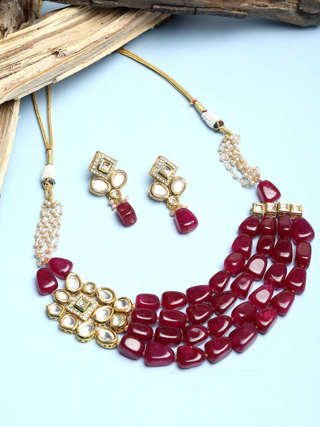 

Ruby Raang Gold-Plated Red & White Faux Kundan Studded Handcrafted Choker Jewellery Set