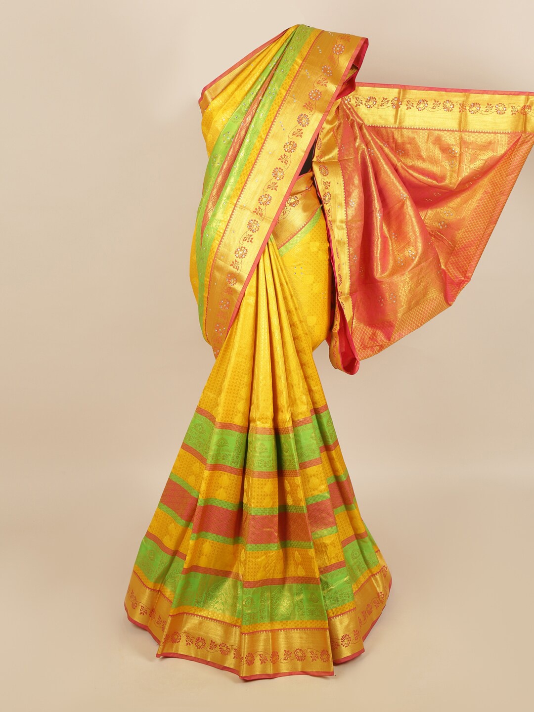 

Pothys Yellow & Green Woven Design Zari Silk Blend Saree