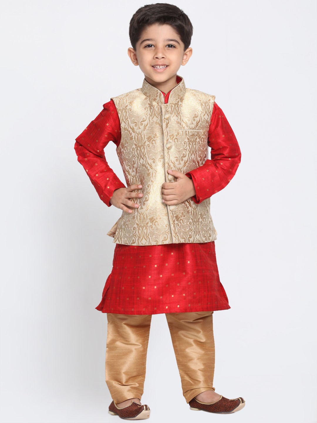 

VASTRAMAY Boys Maroon & Gold Kurta With Jacket & Pyjama Set
