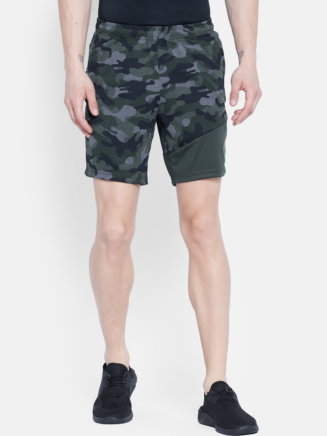 rock it Men Olive Green Camouflage Printed Mid-Rise Sports Shorts