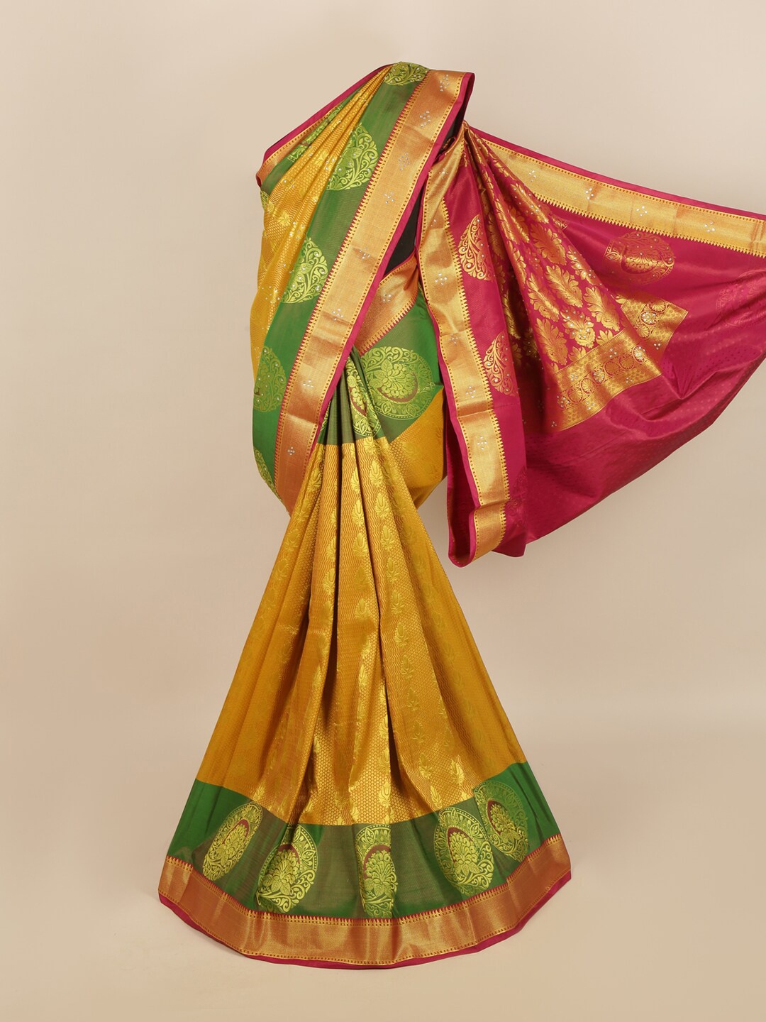 

Pothys Mustard & Green Woven Design Zari Silk Blend Saree