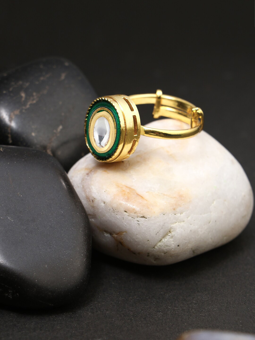 

Adwitiya Collection Gold-Plated White & Green Kundan Meenakari Adjustable Finger Ring