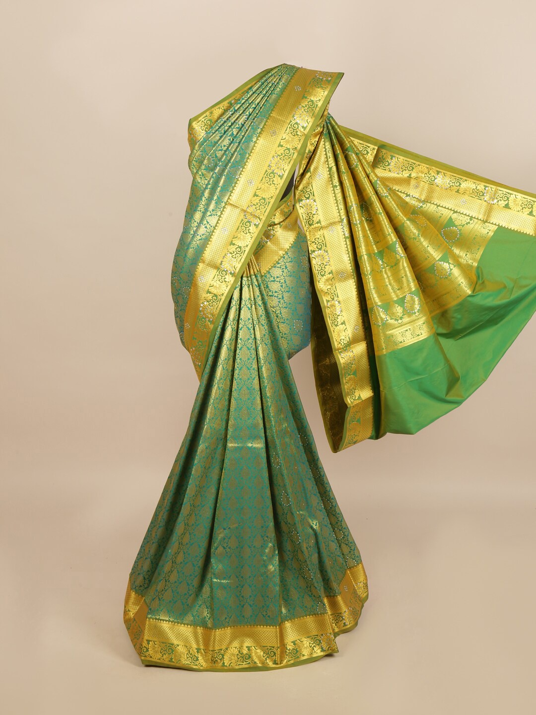 

Pothys Green & Gold-Coloured Ethnic Motifs Woven Design Silk Blend Saree