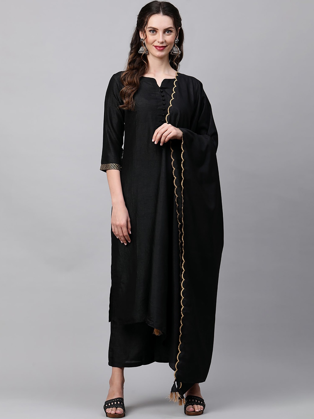 

Indo Era Women Black Panelled Kurta with Palazzos & With Dupatta