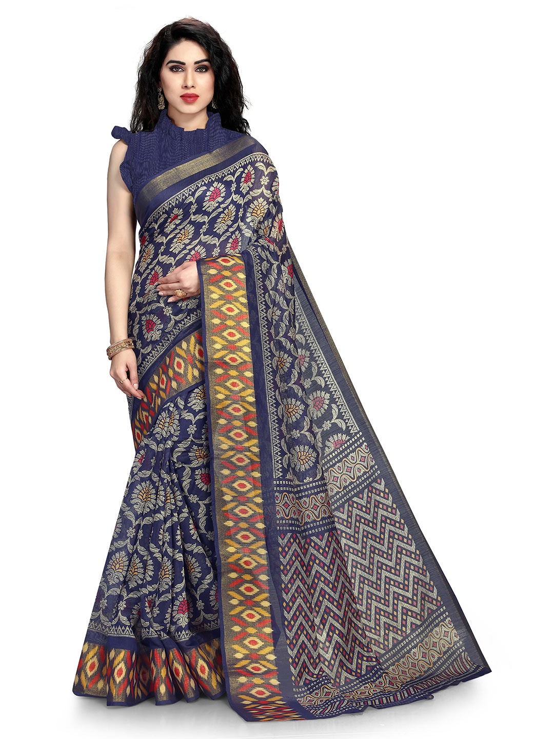 

KALINI Navy Blue & Yellow Ethnic Motifs Zari Saree