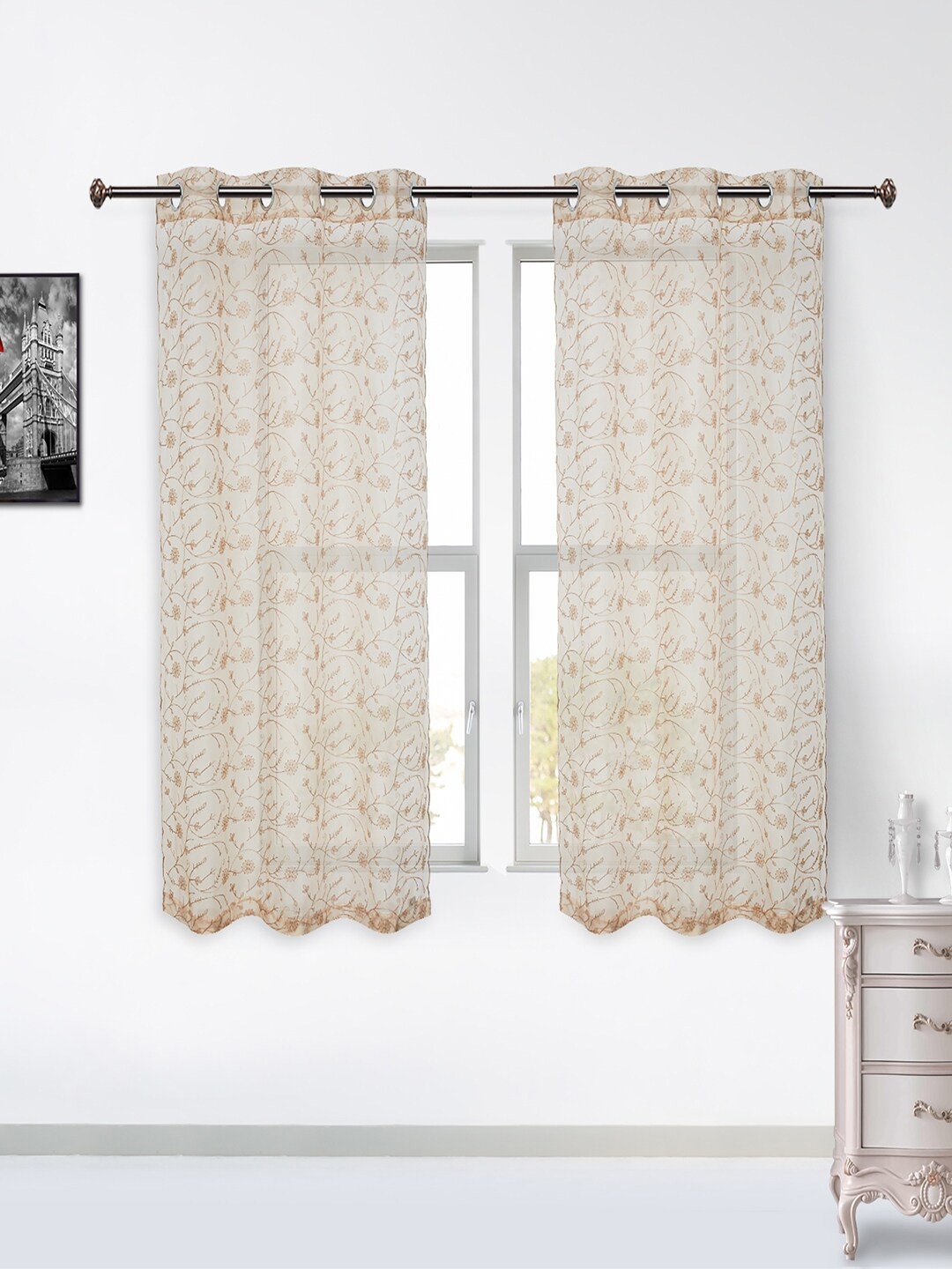 

HomeTown Set Of 2 Cream-Coloured & Beige Floral Sheer Window Curtain