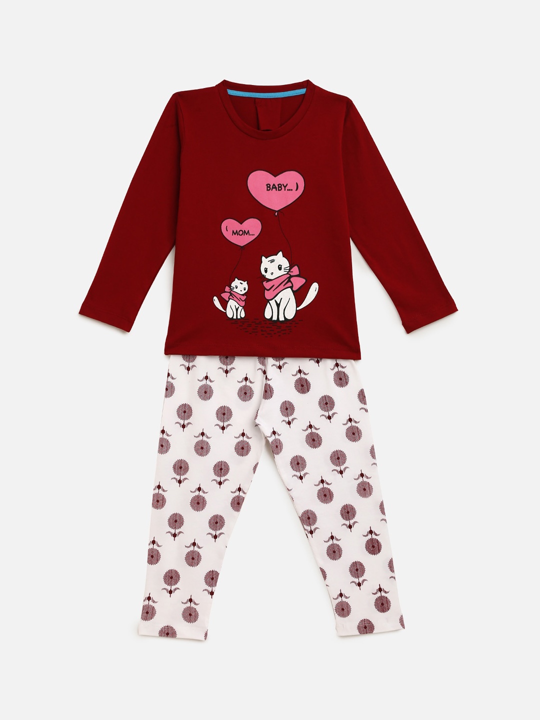 KIDSCRAFT Girls Maroon & White Printed Night suit