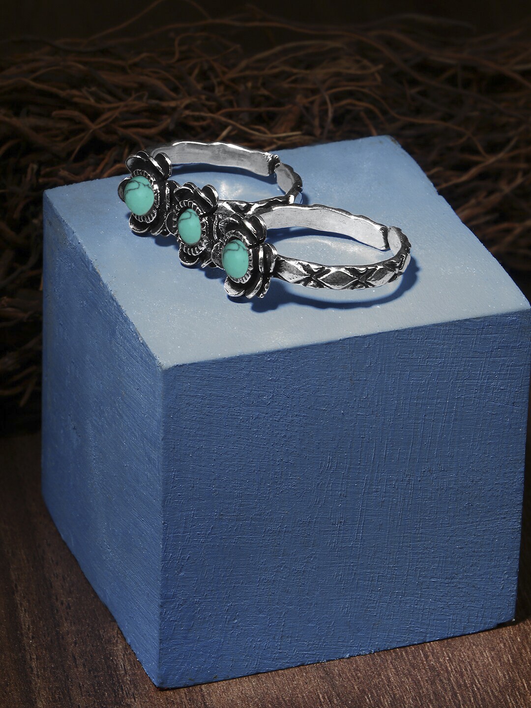 Adwitiya CollectionTurquoise Blue Stone-Studded Adjustable Double Finger Ring, Silver