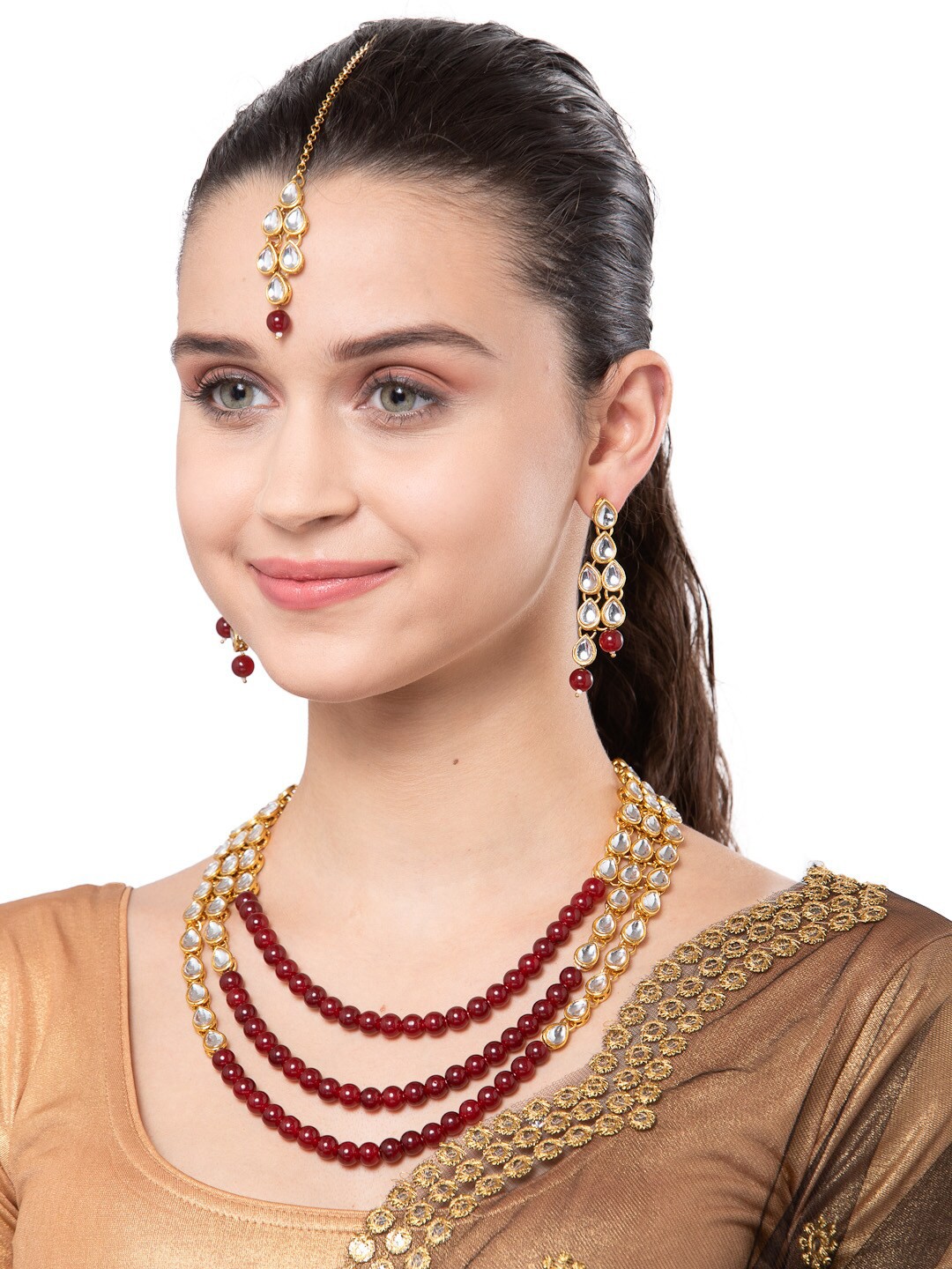 

Shining Diva Gold-Plated Maroon & White Kundan-Studded Beaded Layered Jewellery Set