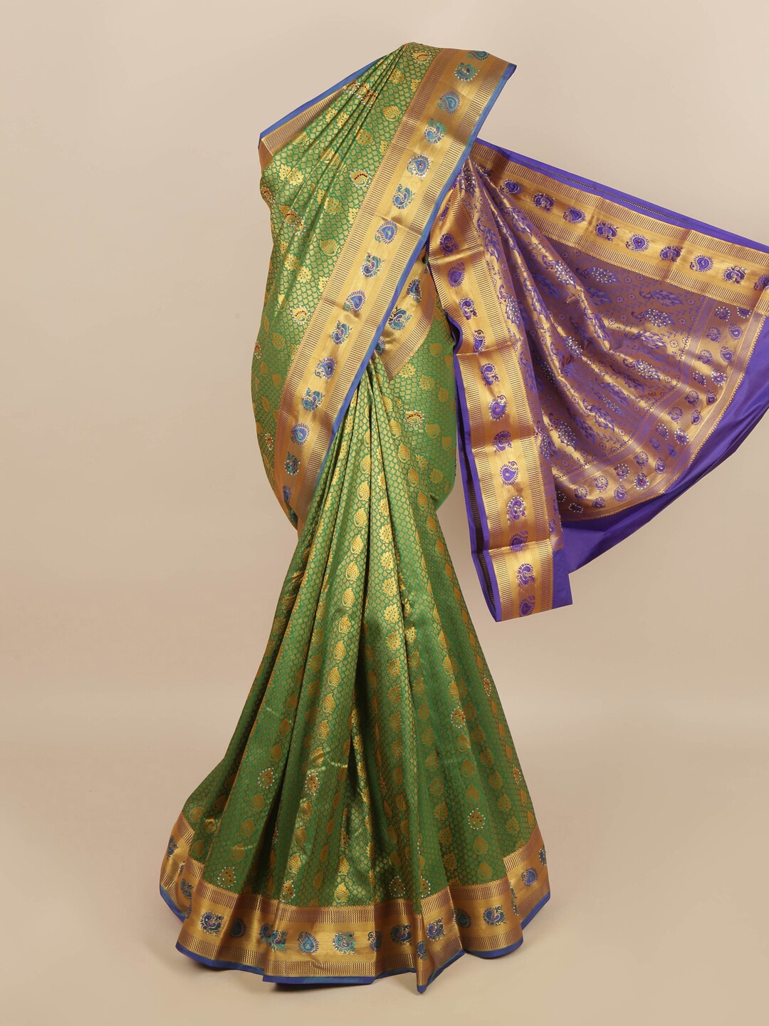 

Pothys Green & Blue Ethnic Motifs Zari Woven Design Silk Blend Saree
