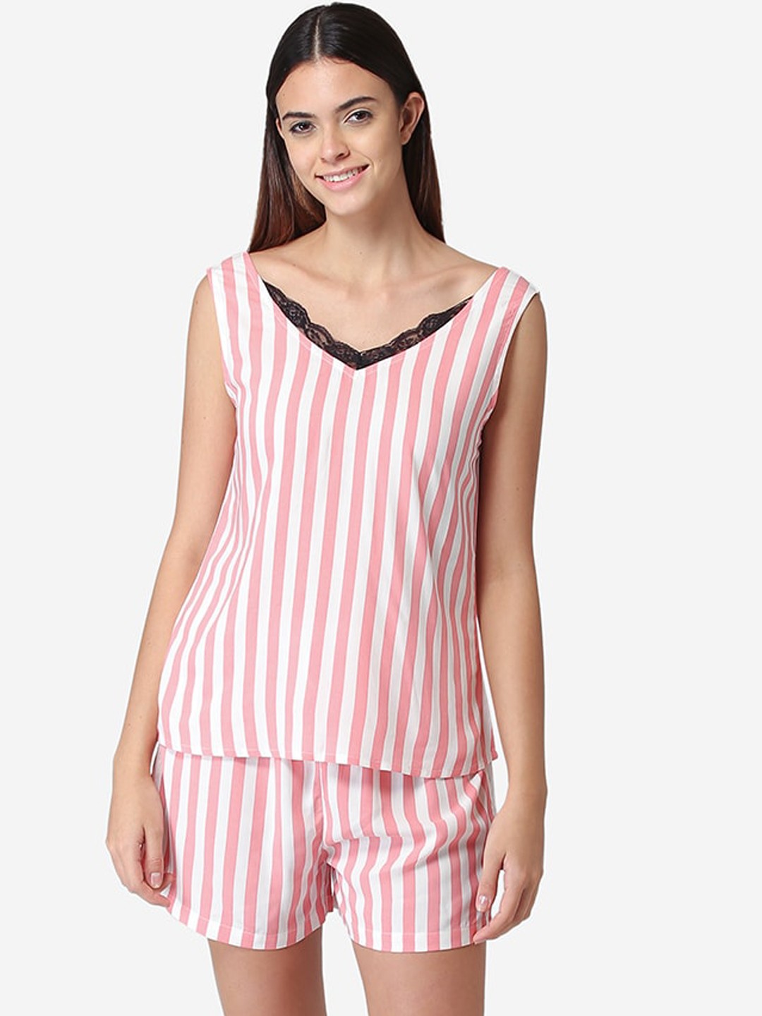 

Fluffalump Women Pink & White Striped Night suit