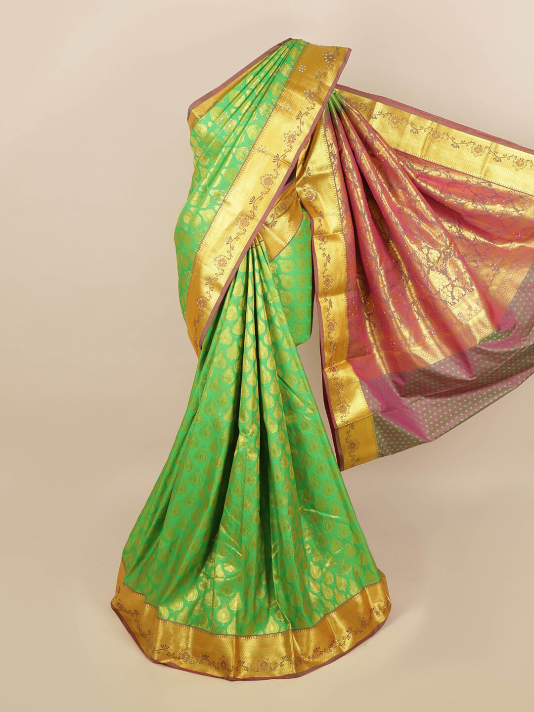 

Pothys Green & Pink Coloured Woven Design Zari Silk Blend Saree