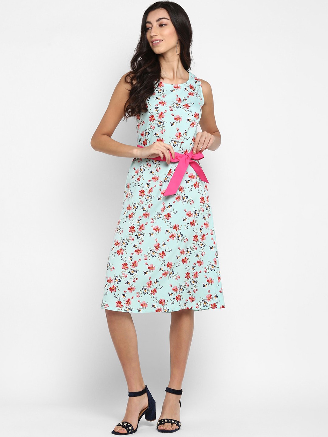 

DEEBACO Turquoise Blue & Pink Floral A-Line Dress
