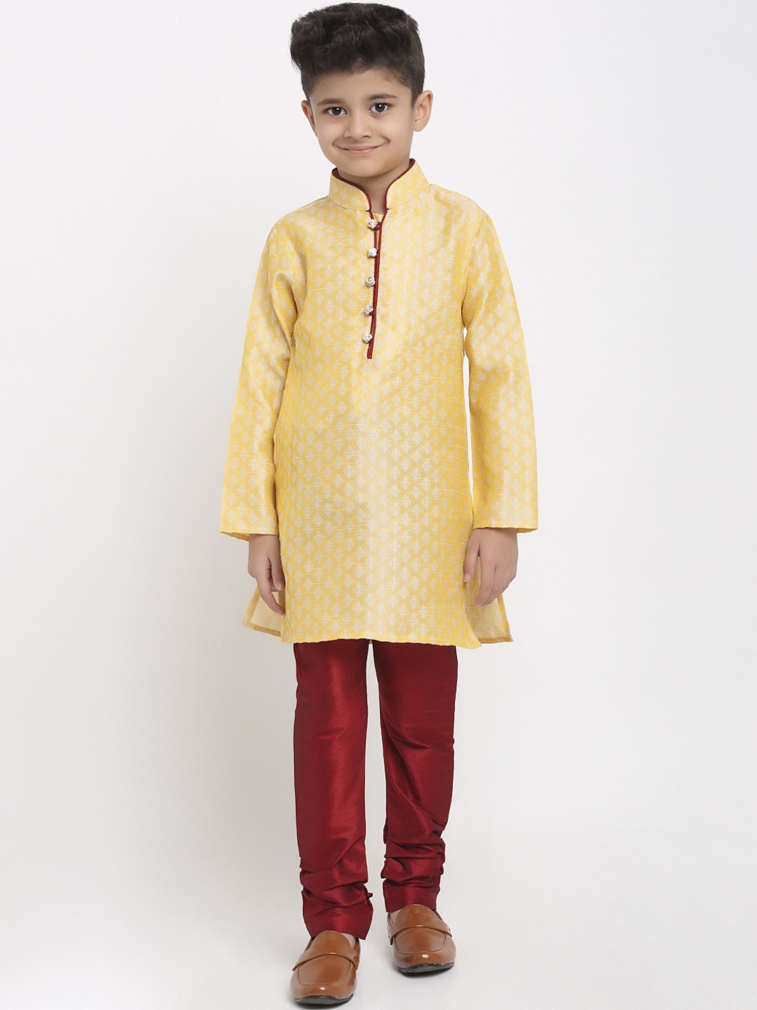 

TREEMODA Boys Gold-Toned Ethnic Motifs Raw Silk Kurta with Churidar