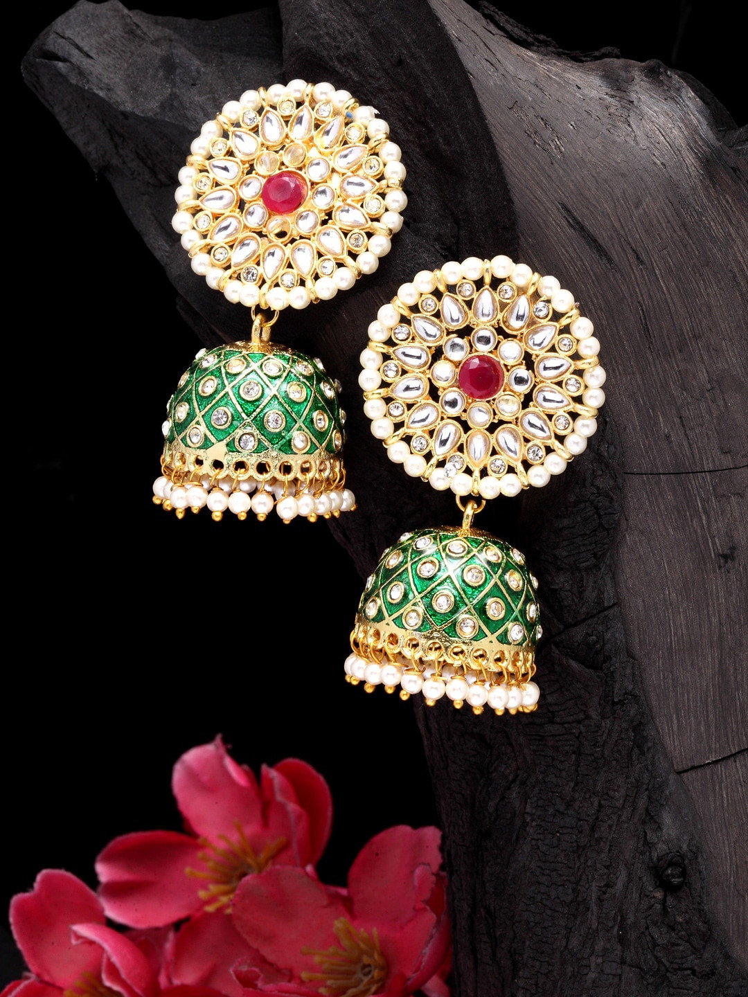 

Moedbuille Gold-Plated Green Hand Painted Meenakari Kundan & Pearls Studded Jhumkas