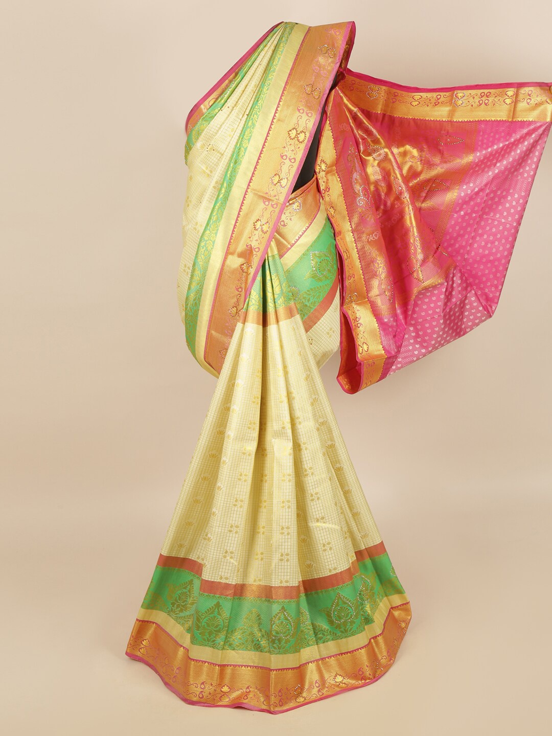 

Pothys Cream-Coloured & Green Ethnic Motifs Silk Blend Saree