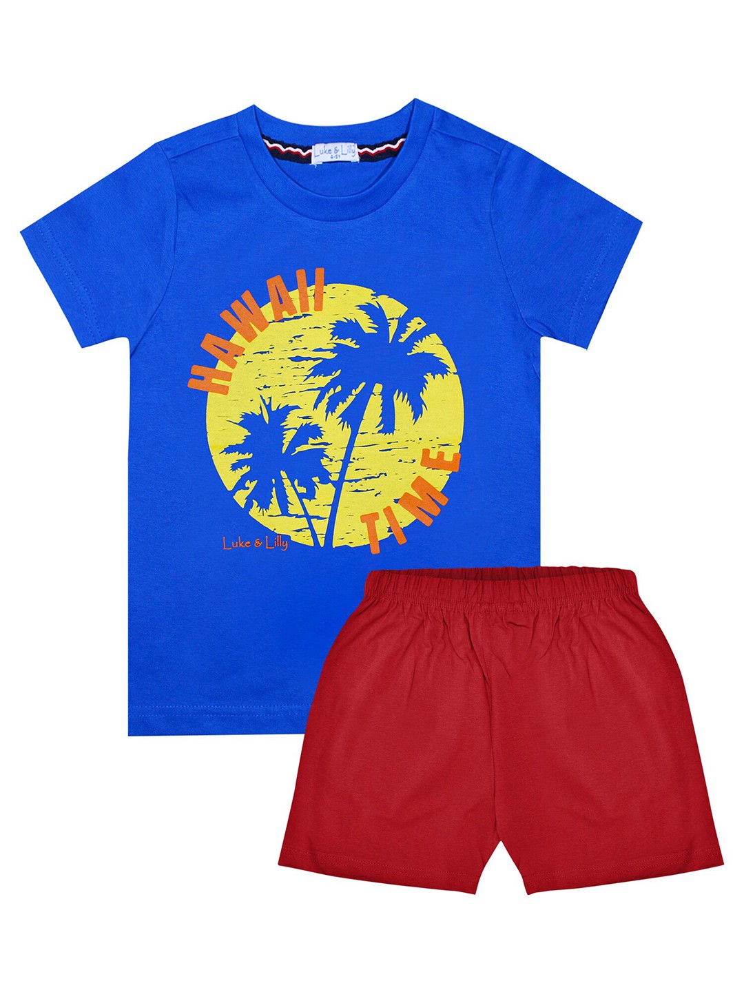 

Luke & Lilly Boys Blue & Maroon Printed Cotton T-shirt with Shorts