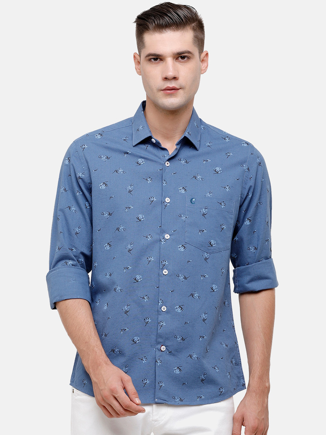 

CAVALLO by Linen Club Men Blue Printed Cotton-Linen Casual Shirt