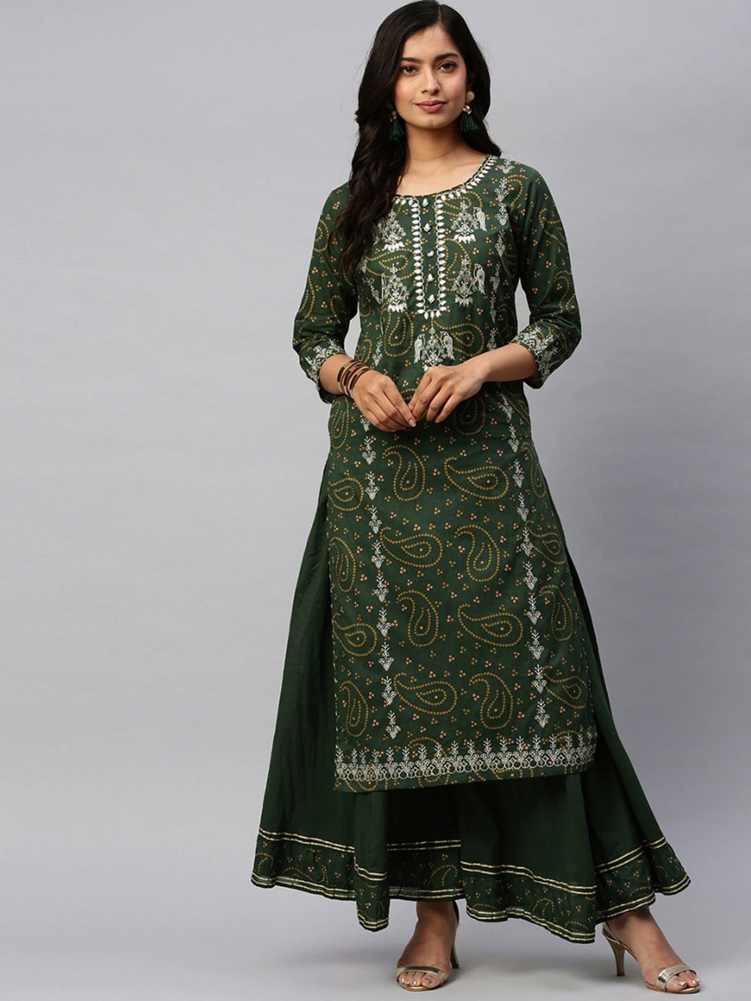 

Ishin Women Green Bandhani Printed Gotta Patti Pure Cotton Kurta with Sharara