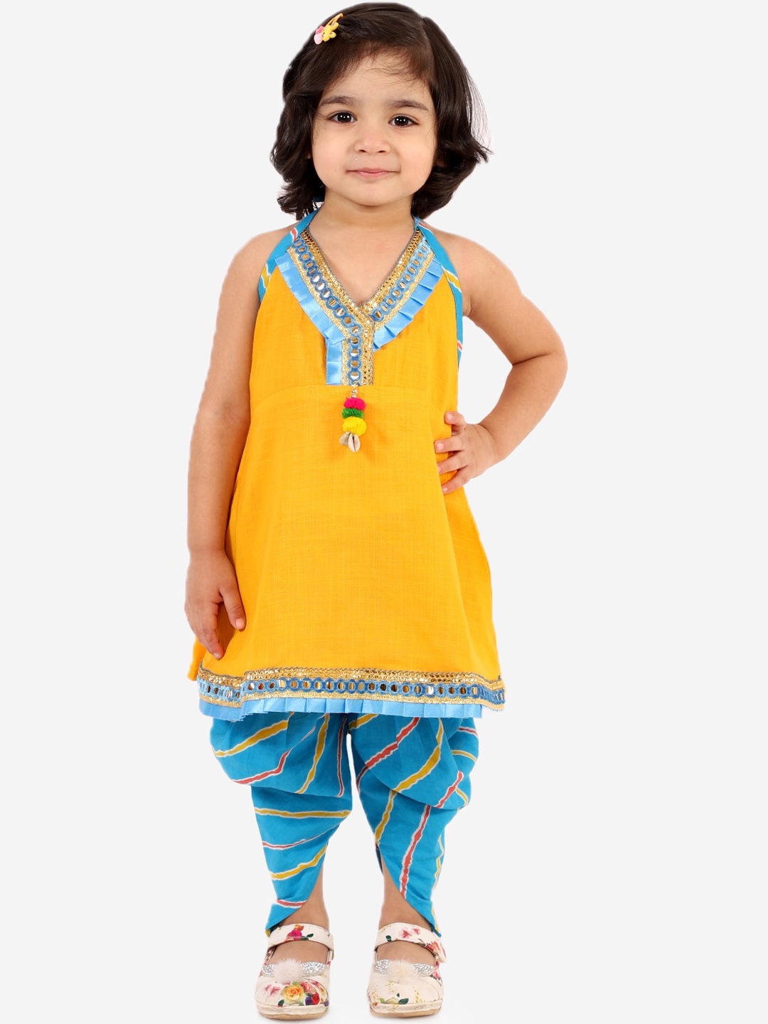 

KID1 Girls Yellow Leheriya Embroidered Pure Cotton Kurta with Dhoti Pants