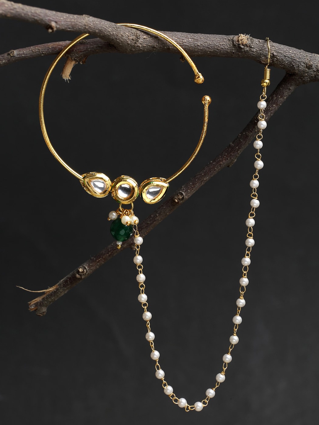 

Ruby Raang Gold-Toned & White Faux Kundan-Studded Chained Nose Ring