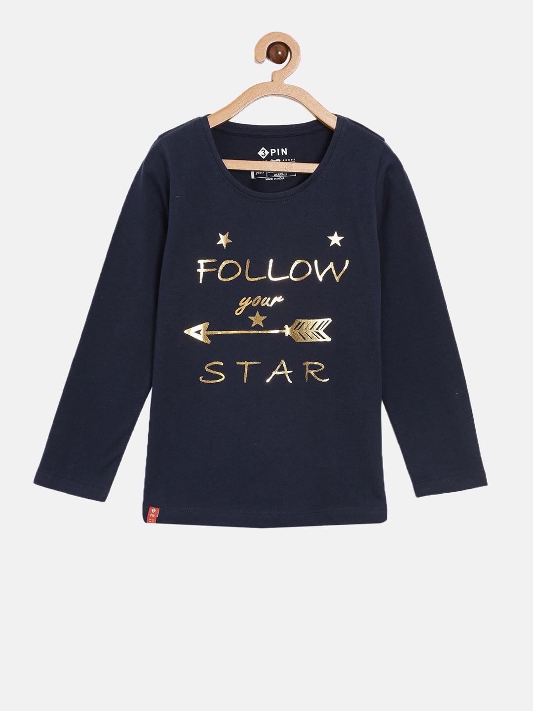 

3PIN Girls Navy Blue Typography Printed Cotton Pure Cotton T-shirt