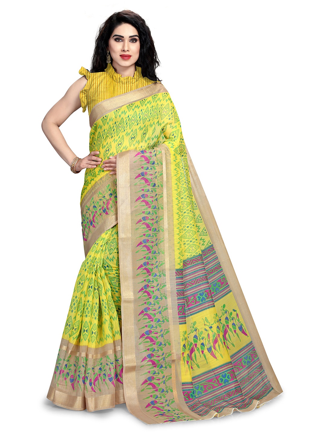 

KALINI Yellow & Beige Zari Baluchari Saree