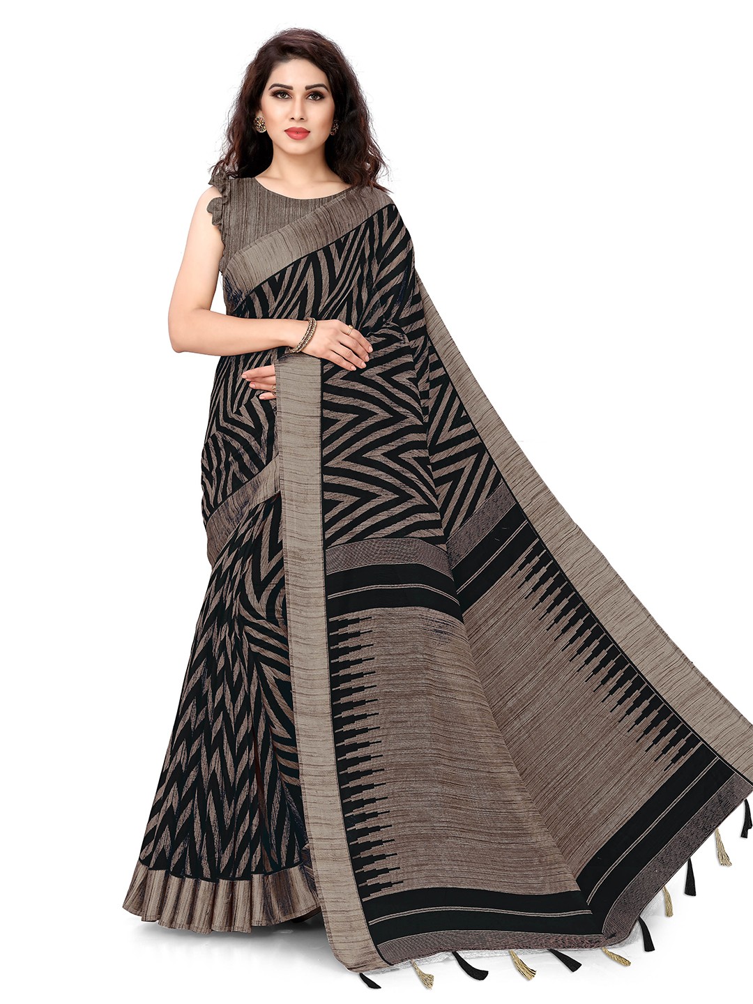 

KALINI Black & Beige Geometric Saree